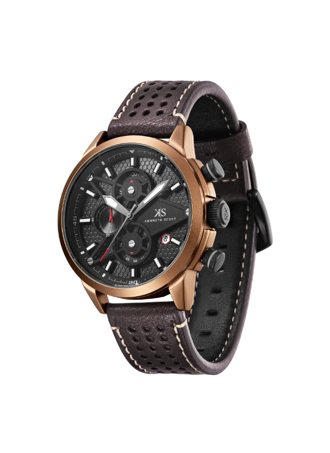 كينيث سكوت Men's Chronograph Display Watch With Brown PU Strap - K25108-DLDB