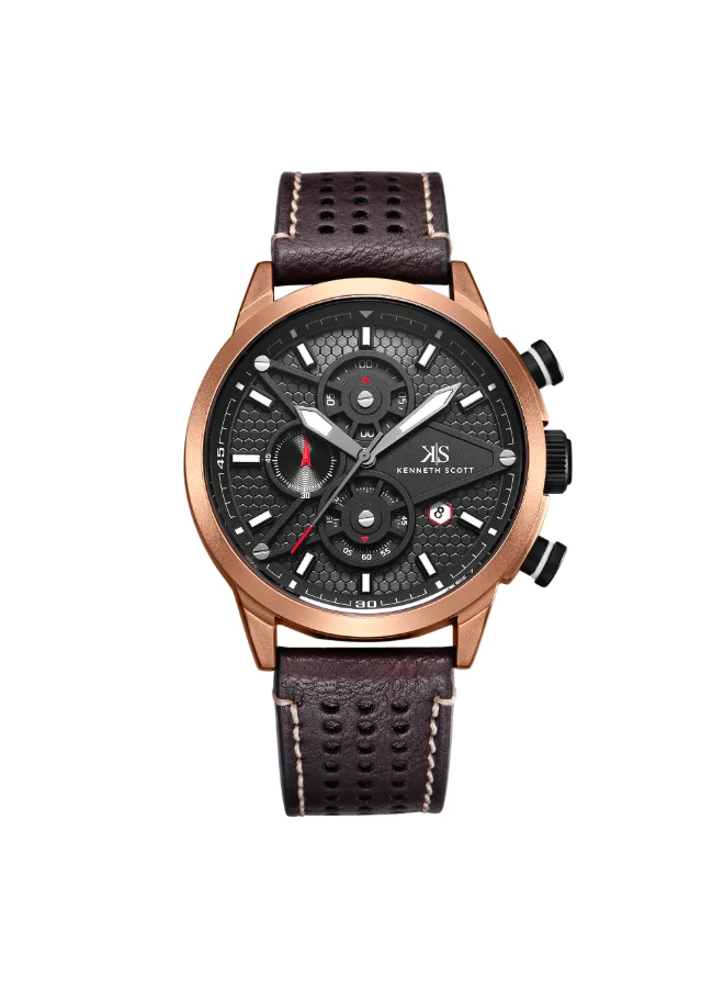 كينيث سكوت Men's Chronograph Display Watch With Brown PU Strap - K25108-DLDB