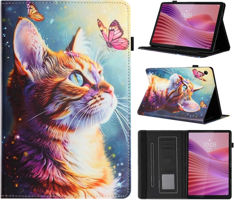 LSPCASA غلاف لـ Lenovo Tab مقاس 10.1 بوصة 2025 بوصة TB-311FU TB-311XU حافظة قابلة للطي من جلد PU واقية لجهاز لوحي مع وظيفة حامل وحامل قلم - غلاف جهاز لوحي لـ Lenovo Tab مقاس 10.1 بوصة - فراشة وقط - Image 1