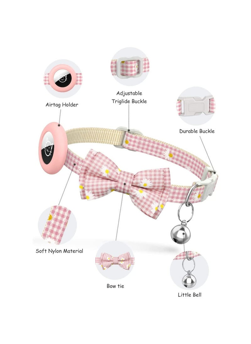 KASTWAVE Cat Airtag Collar Plaid Puppy Collar Princess Daisy Bow Tie Collar Holder for Small Dog Kitten (Pink)  - Image 2