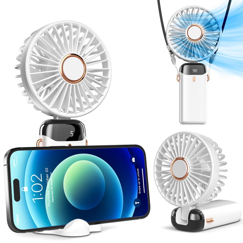 Koonie Portable Handheld Fan Battery Operated Fan with Base 8 Hours Digital Display 5 Speeds 90 Ajustable Rechargeable Mini Fan for Outdoor Indoor White