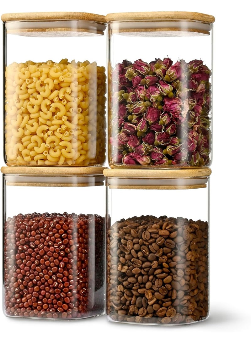 HI-FINE 41oz Airtight Glass Square Storage Canister with Bamboo Lid Set of 4 (1200ml) Container Stackable Jar, Kitchen Canister for Pantry Noodles, Flour and Coffee beans - Image 1