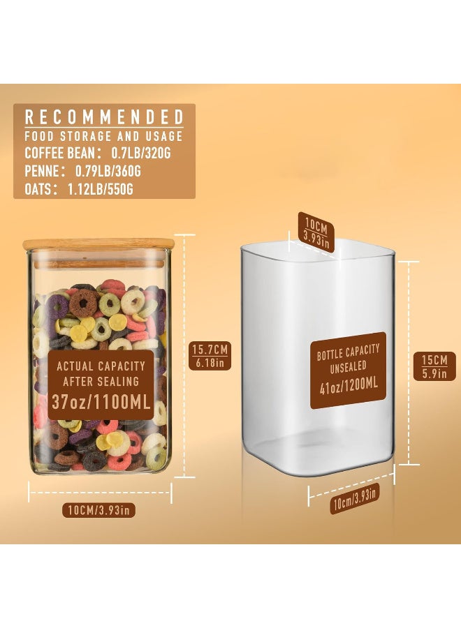 HI-FINE 41oz Airtight Glass Square Storage Canister with Bamboo Lid Set of 4 (1200ml) Container Stackable Jar, Kitchen Canister for Pantry Noodles, Flour and Coffee beans - Image 2