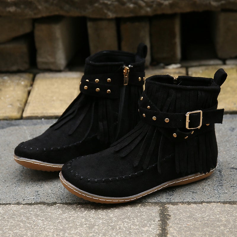 New Women'S Martin Boots Large Size Belt Buckle Stitched Tassel Flat Short Boots - Image 1