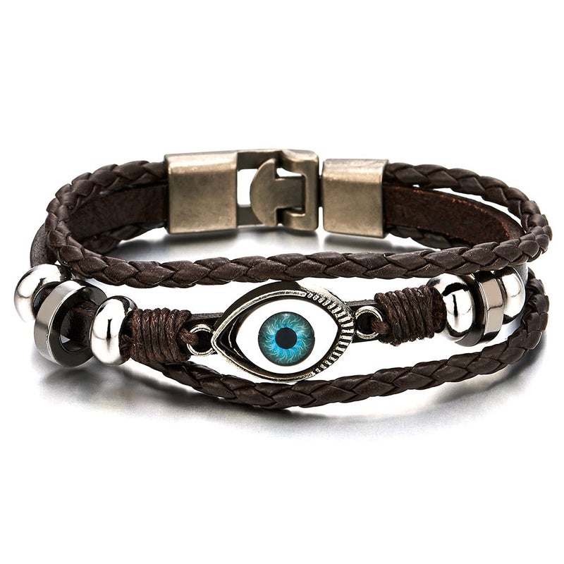 COOLSTEELANDBEYOND Three-Row Mens Women Tribal Evil Eye Beads Charms Leather Bracelet Wristband Wrap Bracelet - Image 1