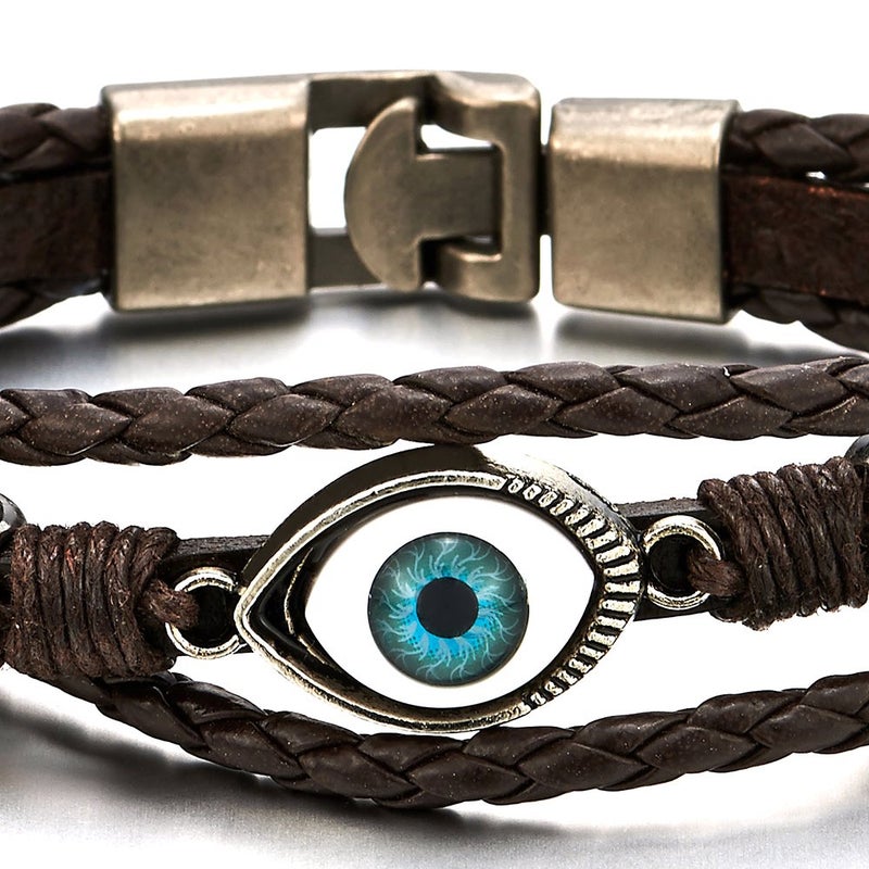 COOLSTEELANDBEYOND Three-Row Mens Women Tribal Evil Eye Beads Charms Leather Bracelet Wristband Wrap Bracelet - Image 2