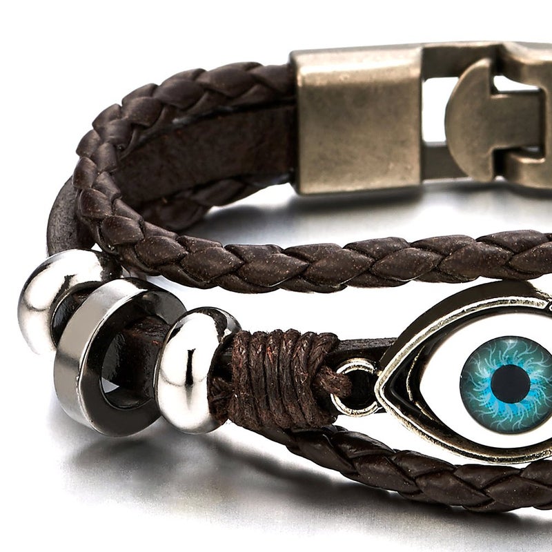 COOLSTEELANDBEYOND Three-Row Mens Women Tribal Evil Eye Beads Charms Leather Bracelet Wristband Wrap Bracelet - Image 3