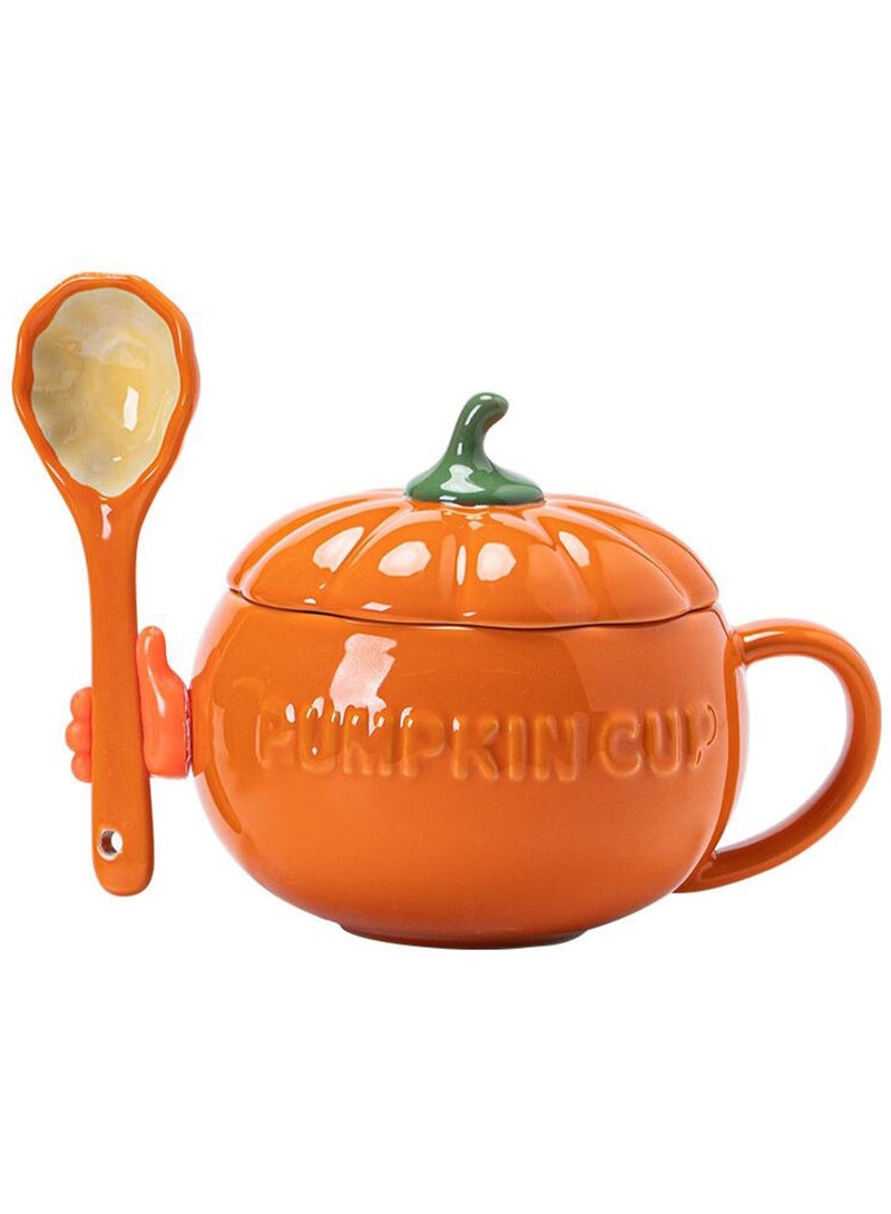 Tech - Pumpkin Shaped Ceramic Coffee Cup, Tea Cup, Milk Mug with Lid, 300ml (Cup+ spoon+ silicone hand) - Image 1