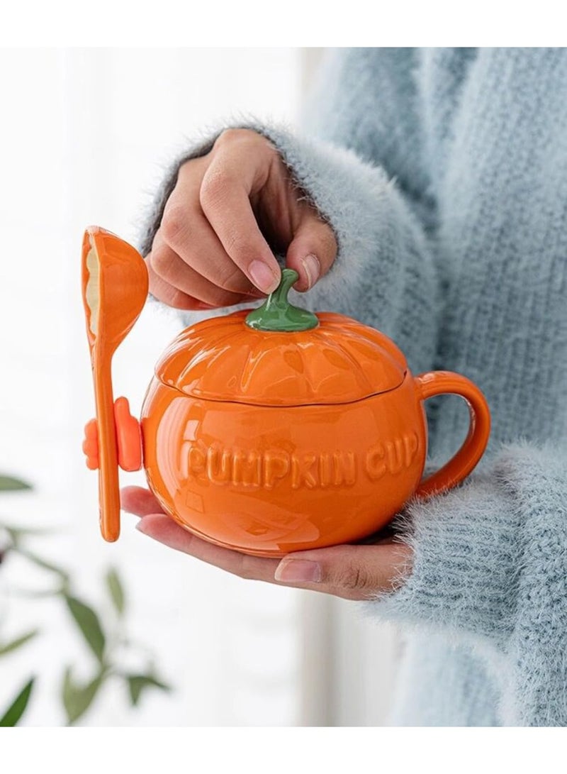 Tech - Pumpkin Shaped Ceramic Coffee Cup, Tea Cup, Milk Mug with Lid, 300ml (Cup+ spoon+ silicone hand) - Image 3
