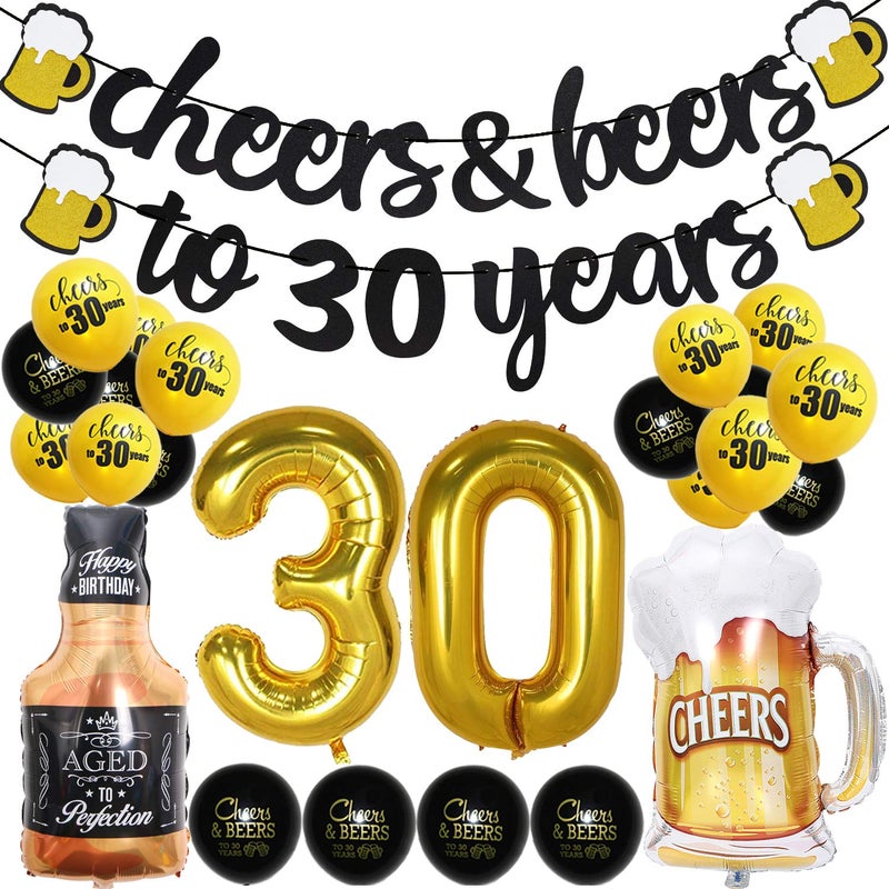 Joymee 30 Years Anniversary Decorations Cheers Beers to 30 Years Banner Thirty Sign Latex Balloon 40 inch 30 Gold Balloon 35 inch Cheers Beers Cups Foil Balloon for 30th birthday Wedding Party Supplies - Image 2
