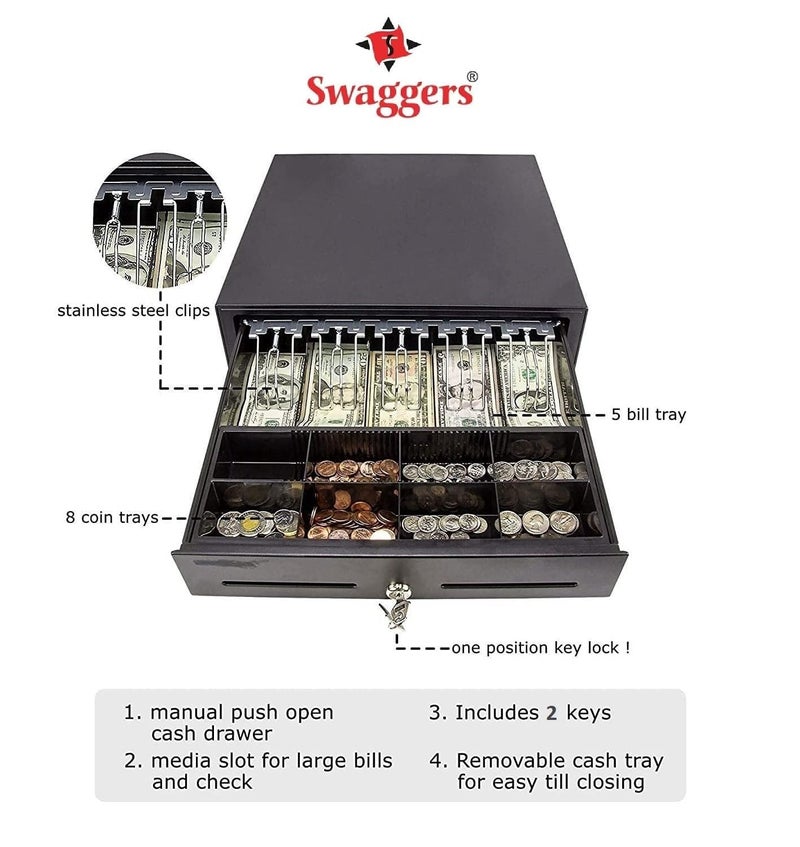 swaggers Metal Cash Drawer For Point of Sale (POS) System with Removable Coin Cash Tray, 5 Bills /8 Coins slots Drawer with RJ11 Interface Key Lock | Black Colour - Image 2