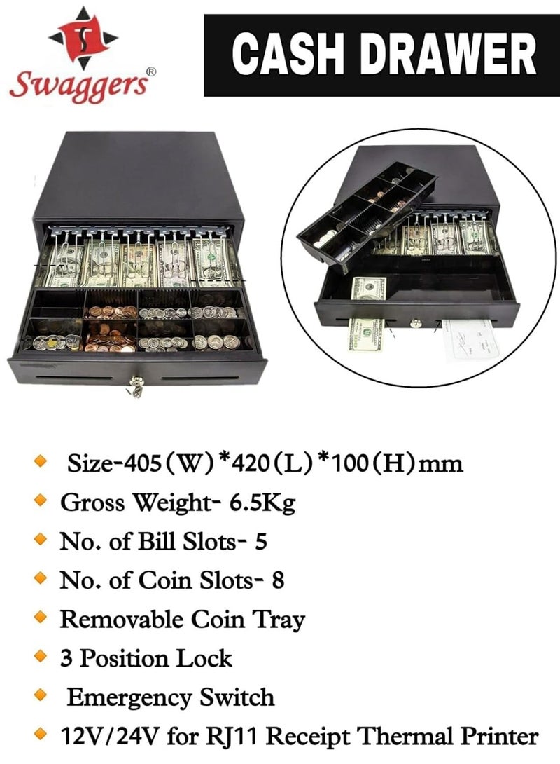 swaggers Metal Cash Drawer For Point of Sale (POS) System with Removable Coin Cash Tray, 5 Bills /8 Coins slots Drawer with RJ11 Interface Key Lock | Black Colour - Image 5