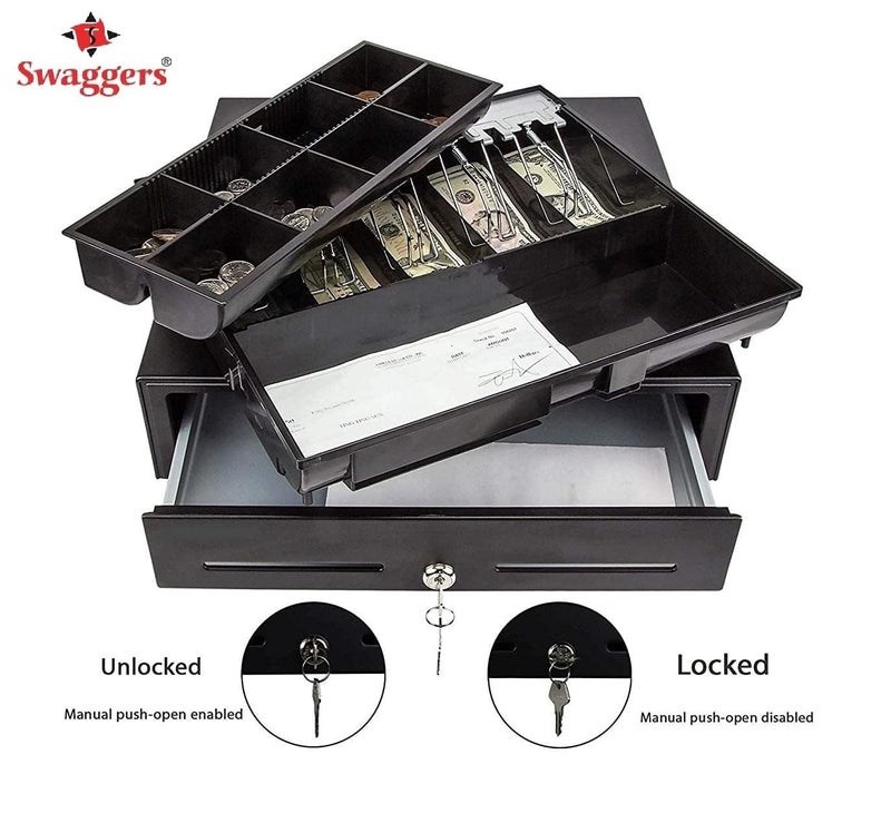 swaggers Metal Cash Drawer For Point of Sale (POS) System with Removable Coin Cash Tray, 5 Bills /8 Coins slots Drawer with RJ11 Interface Key Lock | Black Colour - Image 4