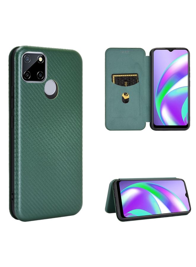 HuHa Case Cover For Realme Narzo 20 / Realme C12 Carbon Fiber Texture Horizontal Flip TPU + PC + PU Leather Case with Card Slot Green