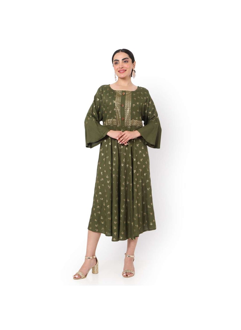 HANA & SARA - GOLD PRINT FRONT STYLED BUTTONED SHORT STYLISH ARABIC KAFATAN JALABIYA DRESS - Image 1