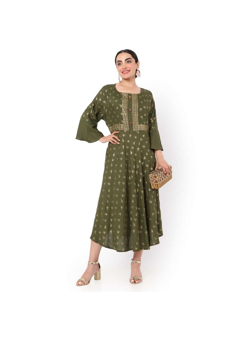 HANA & SARA - GOLD PRINT FRONT STYLED BUTTONED SHORT STYLISH ARABIC KAFATAN JALABIYA DRESS - Image 1