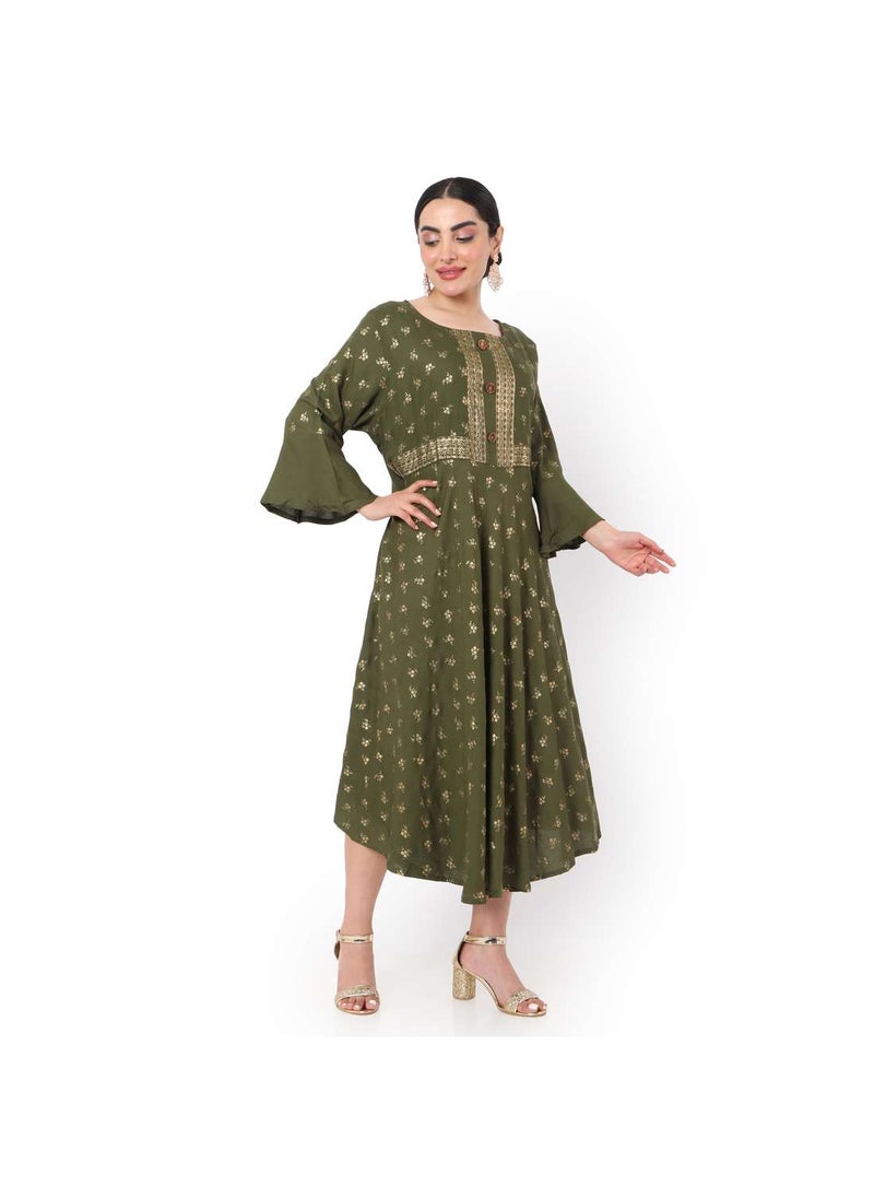 HANA & SARA - GOLD PRINT FRONT STYLED BUTTONED SHORT STYLISH ARABIC KAFATAN JALABIYA DRESS - Image 1