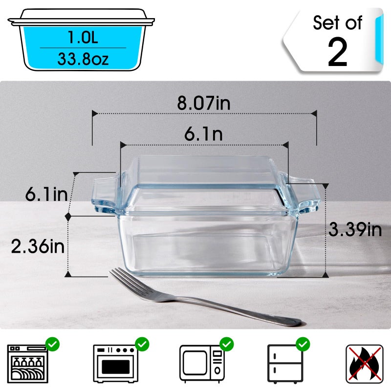 NUTRIUPS Set of 2 Glass Casserole Dish With Glass Lid, Square 6in x 6in Glass Baking Dish Oven Safe, Mini Casserole Dish with Lid - Image 2