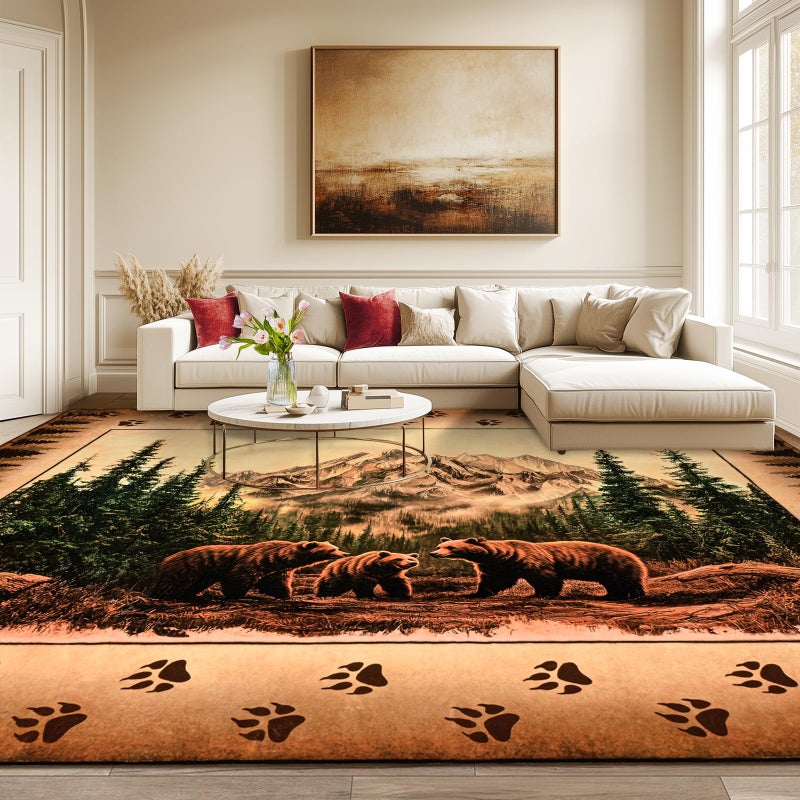 FRAMICS Farmhouse Area Rug 8x10, Rustic Cabin Lodge Bear Moose Deer Rug Washable Non Slip, Country Wildlife Area Rugs for Living Room, Vintage Soft Faux Wool Throw Rugs Floor Carpet, Large Home Decor - Image 3