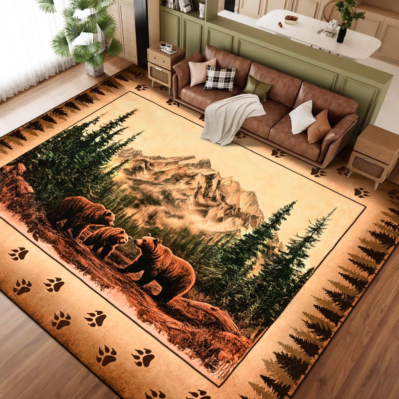 FRAMICS Farmhouse Area Rug 8x10, Rustic Cabin Lodge Bear Moose Deer Rug Washable Non Slip, Country Wildlife Area Rugs for Living Room, Vintage Soft Faux Wool Throw Rugs Floor Carpet, Large Home Decor - Image 1