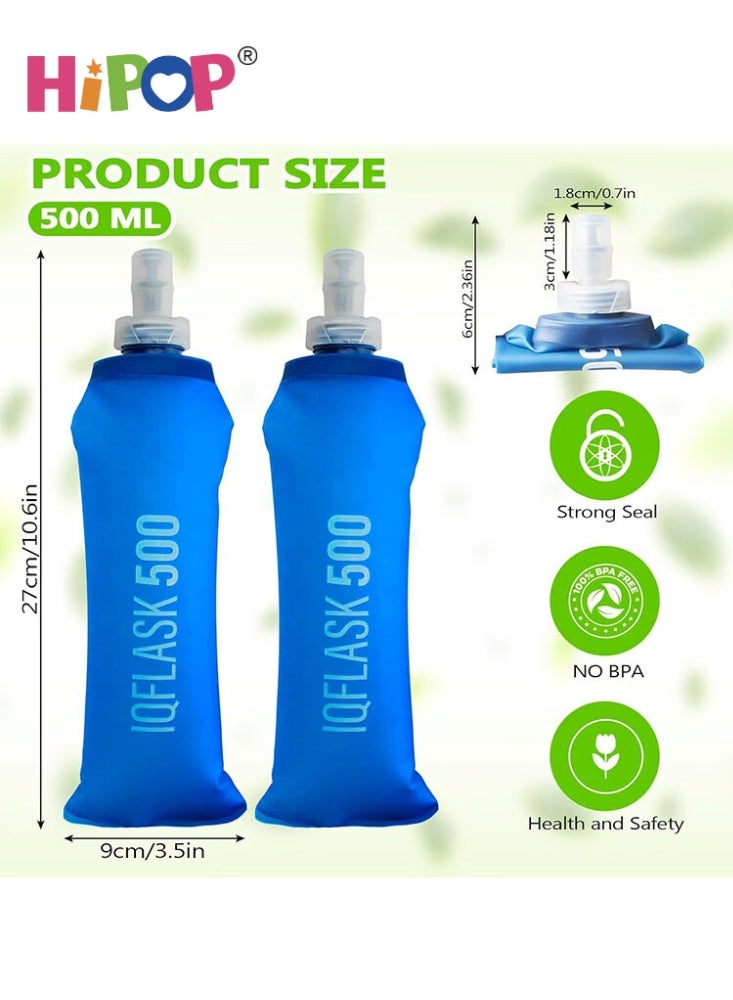 HIPOP 2 Pcs 500ml Soft Water Bottle, TPU Running Flask, Unisex Foldable Water Bottle, BPA Free, Reusable Collapsible Water Bottle for Running, Hiking and Climbing (Blue) - Image 2