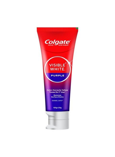 Visible White Purple Toothpaste For Teeth Whitening, Teeth Whitening Colgate Toothpaste With Fluoride, Tooth Paste Helps Remove Surface Stains, Whitens Yellow Teeth, Enamel-Safe For Daily Use Paste Toothpaste (100G + 20G)