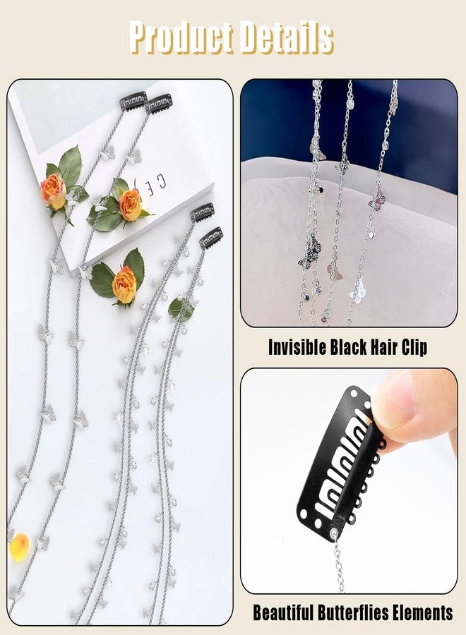Dexspoeny مجموعة مشابك شعر Dexspoeny مكونة من 4 قطع، مزينة بشرابات على شكل فراشة، وسلسلة شعر فضية، ومجوهرات شعر مرصعة بأحجار الراين لتزيين الضفائر، وإكسسوارات شعر بشرابات، هدية مثالية للفتيات والسيدات - Image 3