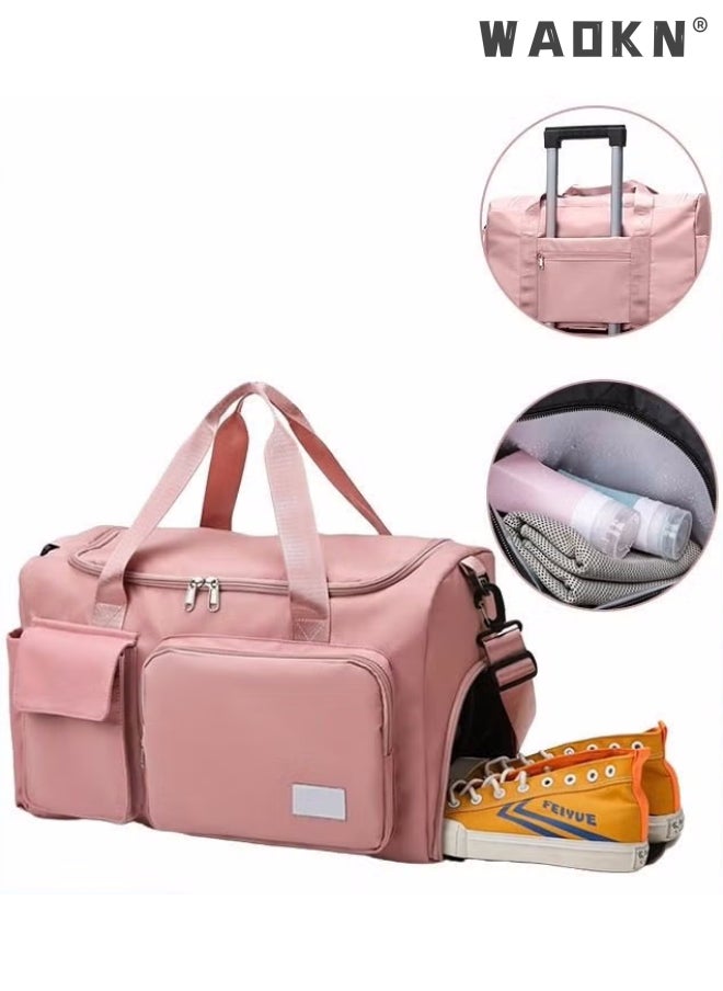 WAOKN Large Capacity Gym Sacks Waterproof Duffel Bag Gym Duffle Bag, Sports Gym Bag Sports Gym Bag for Men and Women Travel Duffel Bag with Wet Pocket and Shoes Compartment Sports Duffel Bag Pink  - Image 1