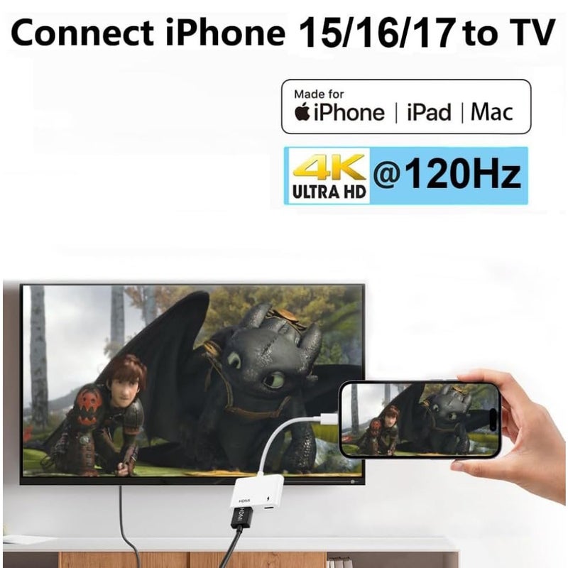 USB-C to HDMI Adapter for iPhone 15/16 MacBook Pro Air iPad Pro Samsung S25/S24/S23, aluminum body, black, 4K@120Hz MFi certified USB 3.1 HDMI 2.0 - Image 2