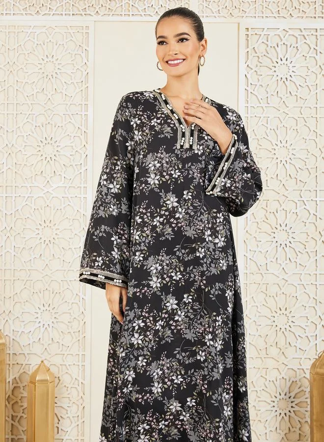 ستايلي Pearl Lace Trim Floral Print Jalabiya