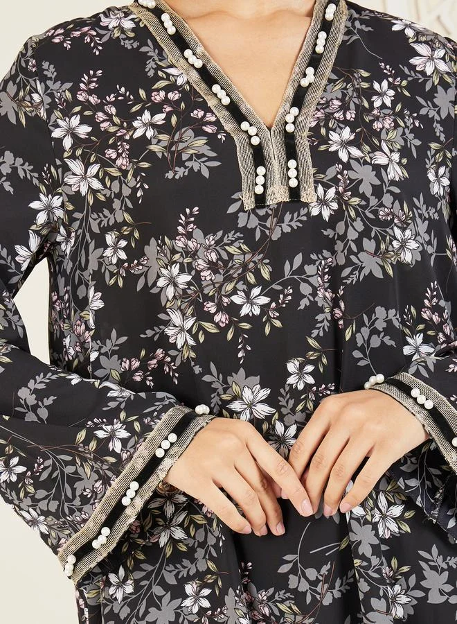 ستايلي Pearl Lace Trim Floral Print Jalabiya