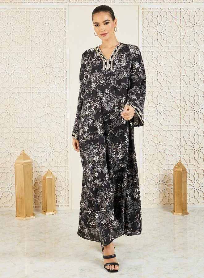 ستايلي Pearl Lace Trim Floral Print Jalabiya