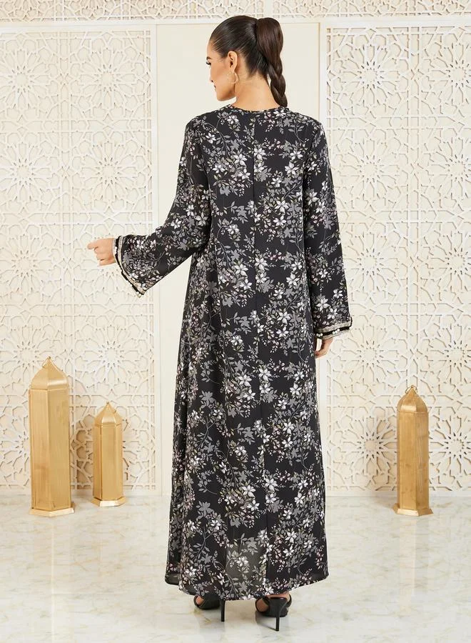 ستايلي Pearl Lace Trim Floral Print Jalabiya