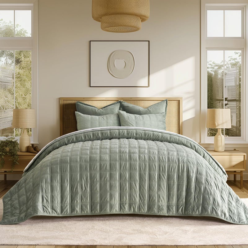 EVERGRACE 3 Pieces Luxurious Velvet Quilt King Size Ultra Soft Bedspread Coverlet Set Double Box Stitch Lightweight Velvet Comforter for All Season with 2 Shams Sage Green 108x96