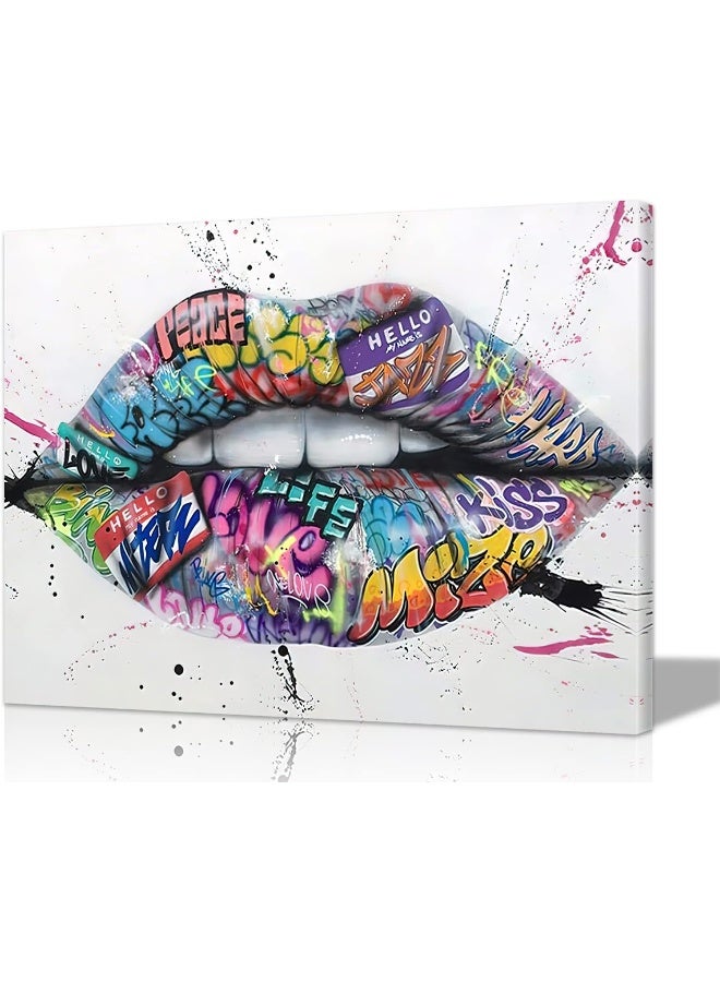 Mistyefly Lip Art Colorful Street Canvas Pop Art - Graffiti Wall Decor (16'' H x 24'' W) for Living Room & Bedroom - Image 1