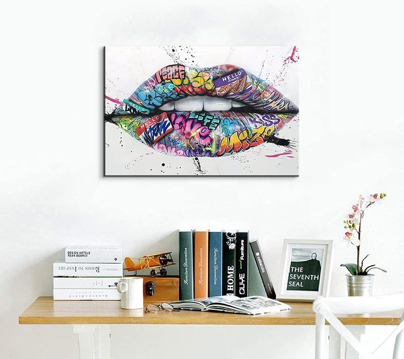 Mistyefly Lip Art Colorful Street Canvas Pop Art - Graffiti Wall Decor (16'' H x 24'' W) for Living Room & Bedroom - Image 3