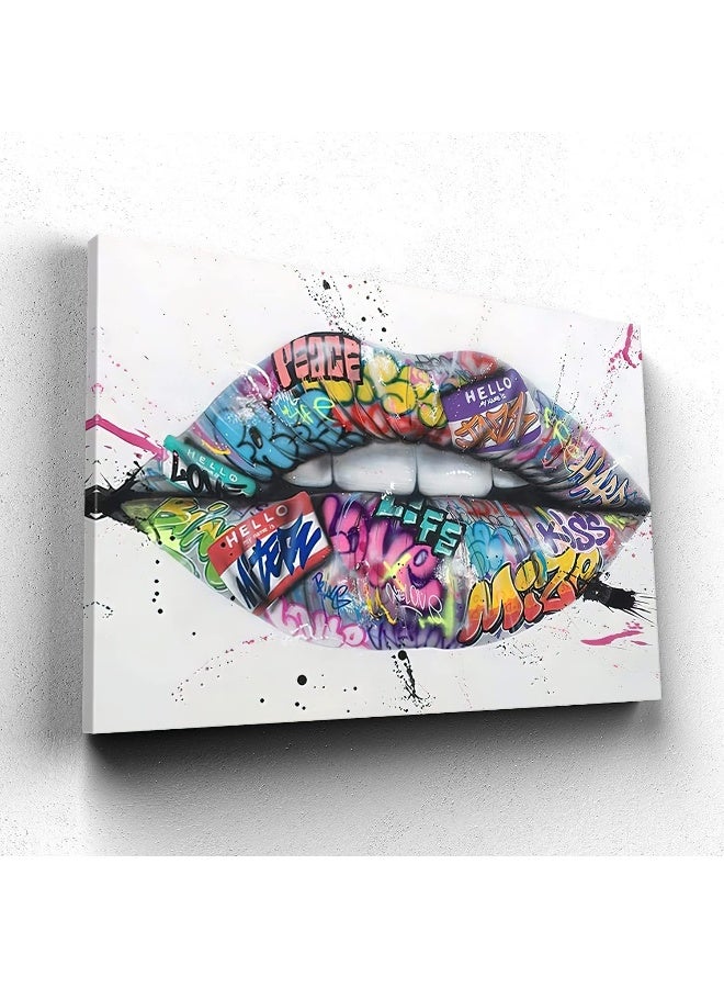Mistyefly Lip Art Colorful Street Canvas Pop Art - Graffiti Wall Decor (16'' H x 24'' W) for Living Room & Bedroom - Image 2