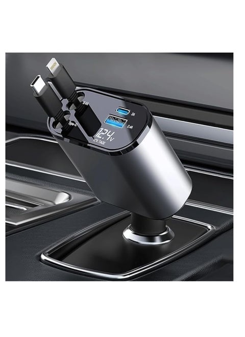 Retractable Car Charger for iPhone with Dual Cables, 4 in 1 USB C Car Charger Adapter with PD 60W Fast Charging Compatible with iPhone 16 15 14 13 12 11 iPad Airpods Samsung Galaxy S25 S24 S23 S22 Xiaomi Huawei