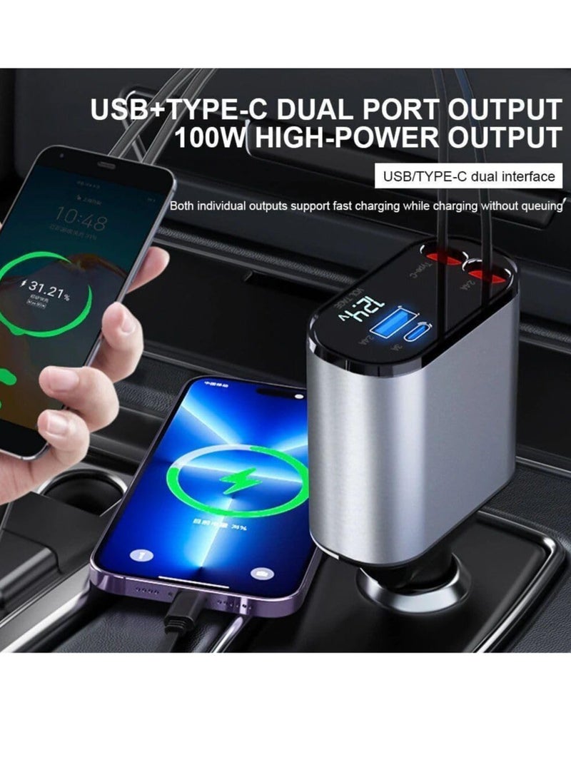 AMBERJACK - Retractable Car Charger for iPhone with Dual Cables, 4 in 1 USB C Car Charger Adapter with PD 60W Fast Charging Compatible with iPhone 16 15 14 13 12 11 iPad Airpods Samsung Galaxy S25 S24 S23 S22 Xiaomi Huawei - Image 1