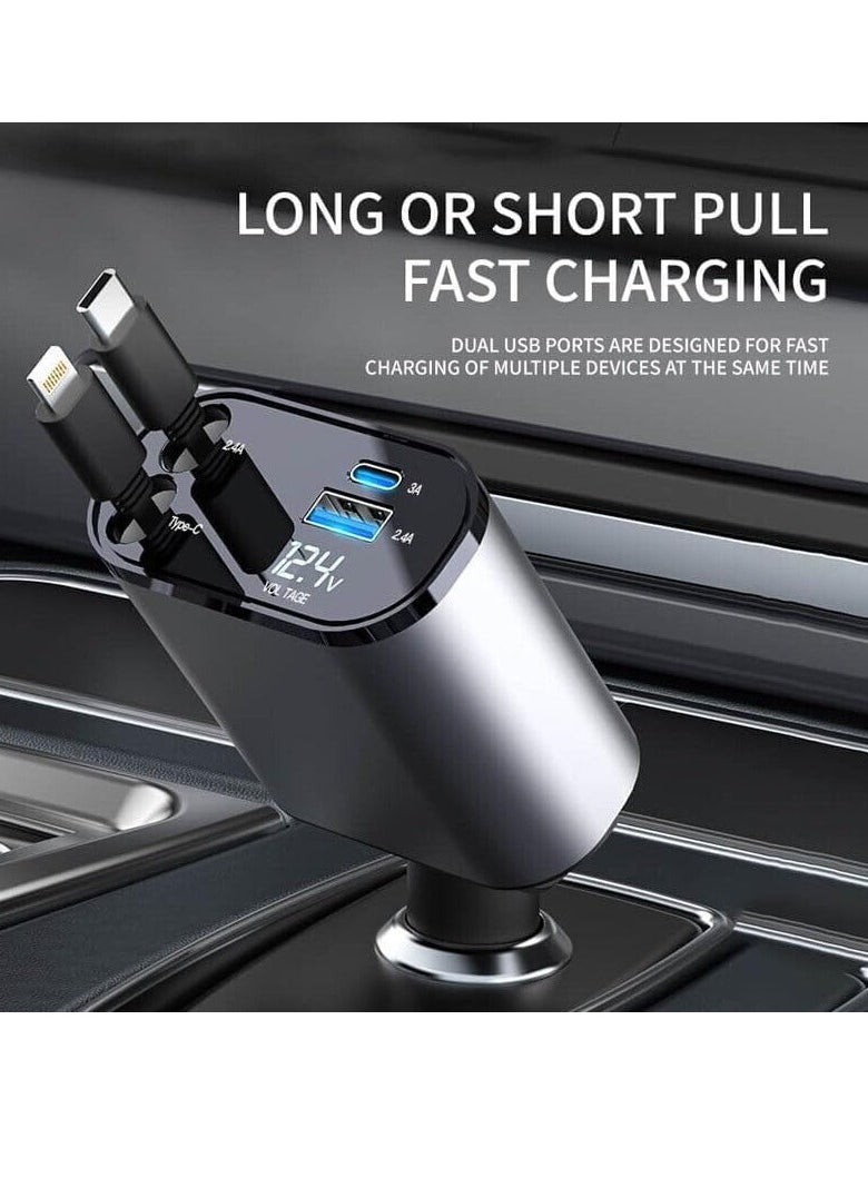 AMBERJACK - Retractable Car Charger for iPhone with Dual Cables, 4 in 1 USB C Car Charger Adapter with PD 60W Fast Charging Compatible with iPhone 16 15 14 13 12 11 iPad Airpods Samsung Galaxy S25 S24 S23 S22 Xiaomi Huawei - Image 1