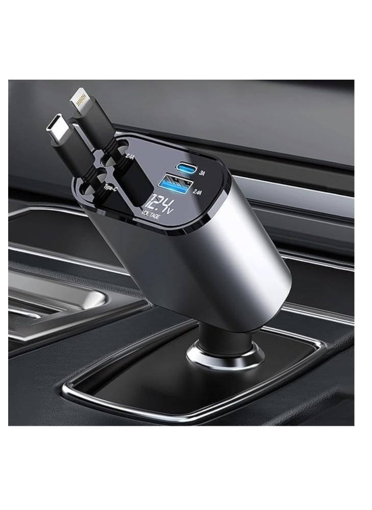 AMBERJACK - Retractable Car Charger for iPhone with Dual Cables, 4 in 1 USB C Car Charger Adapter with PD 60W Fast Charging Compatible with iPhone 16 15 14 13 12 11 iPad Airpods Samsung Galaxy S25 S24 S23 S22 Xiaomi Huawei - Image 1