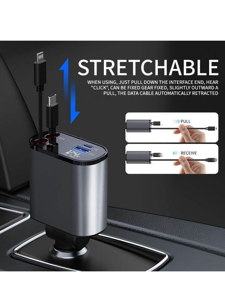 AMBERJACK - Retractable Car Charger for iPhone with Dual Cables, 4 in 1 USB C Car Charger Adapter with PD 60W Fast Charging Compatible with iPhone 16 15 14 13 12 11 iPad Airpods Samsung Galaxy S25 S24 S23 S22 Xiaomi Huawei - Image 1