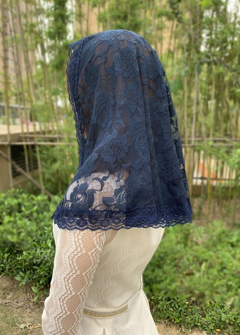 Grettytling Lace Mantilla Veil Soft and comfortable 7 Colors Spanish Style Rose Lace Veil Head Covering D Shape (Navy) - Image 3