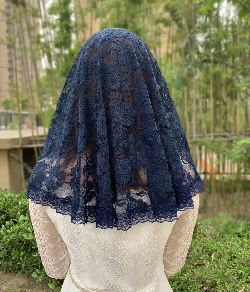 Grettytling Lace Mantilla Veil Soft and comfortable 7 Colors Spanish Style Rose Lace Veil Head Covering D Shape (Navy) - Image 5