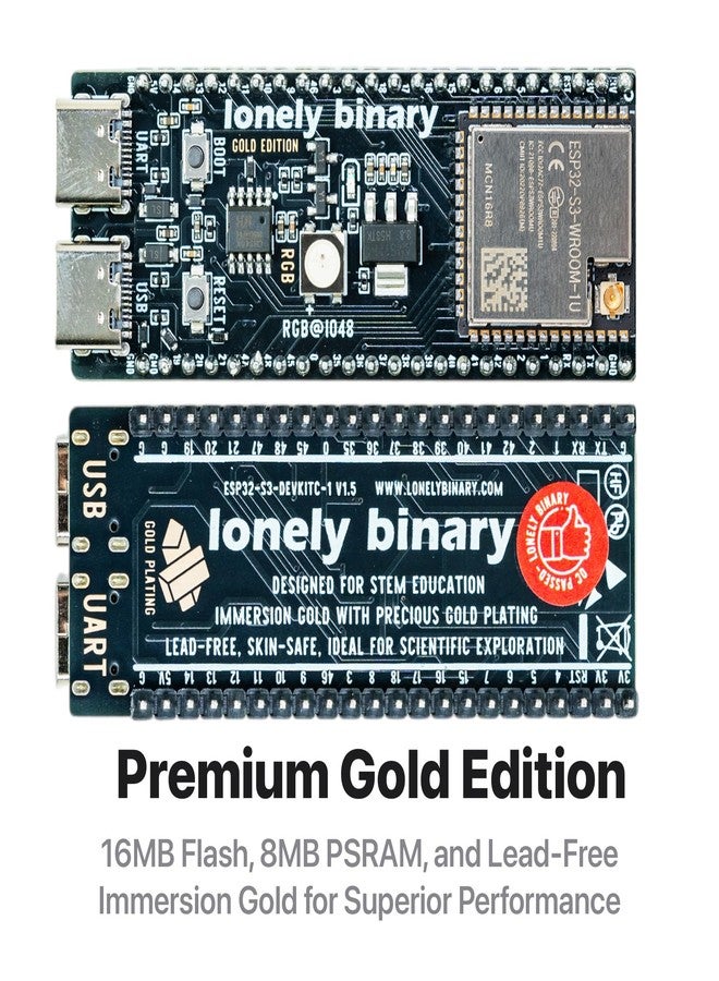 LONELY BINARY لوحة تطوير LONELY BINARY ESP32-S3 إصدار الذهب - 16MB فلاش 8MB PSRAM مزدوج USB-C واي فاي بلوتوث لمشاريع Arduino IoT، MicroPython و ESP-IDF N16R8 (حزمة 3 قطع IPEX جميع الأطراف) - Image 2
