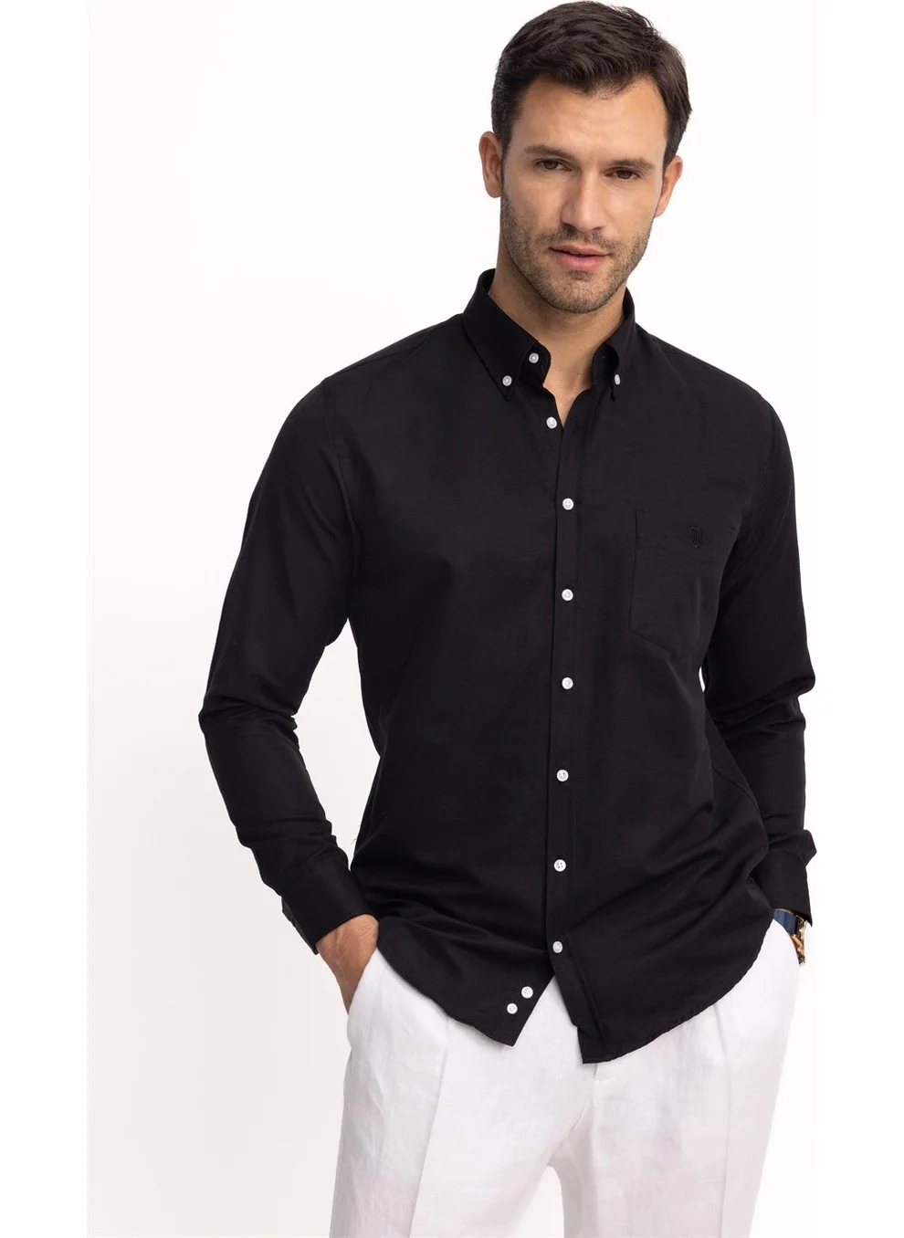 Tudors Classic Fit Long Sleeve Oxford Texture Collar Buttoned Pocket Embroidered Men's Shirt