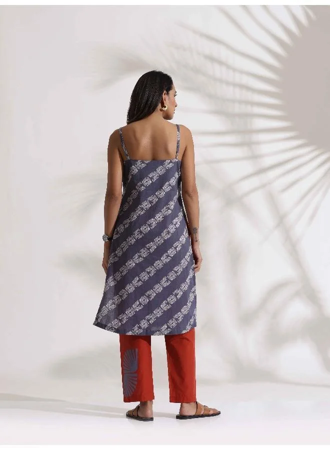ترو برونز trueBrowns Grey Cotton Print Highslit Kurta Set