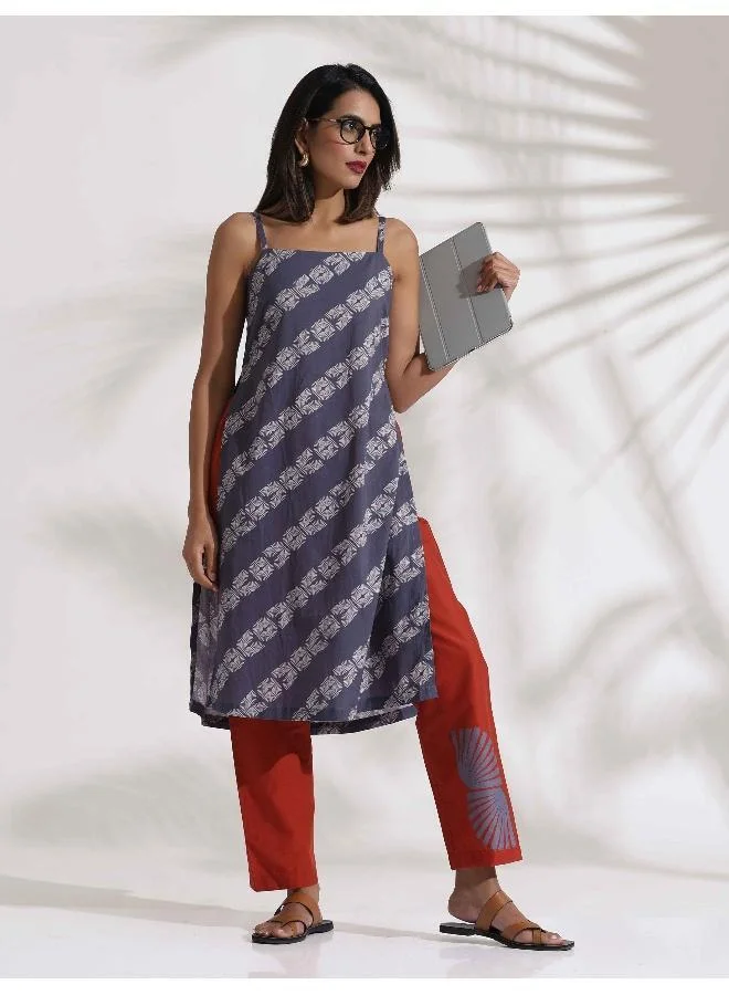 ترو برونز trueBrowns Grey Cotton Print Highslit Kurta Set