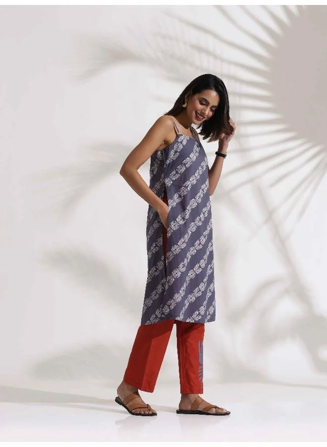 ترو برونز trueBrowns Grey Cotton Print Highslit Kurta Set