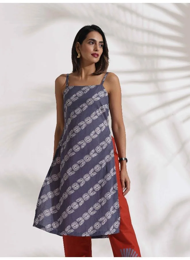 ترو برونز trueBrowns Grey Cotton Print Highslit Kurta Set